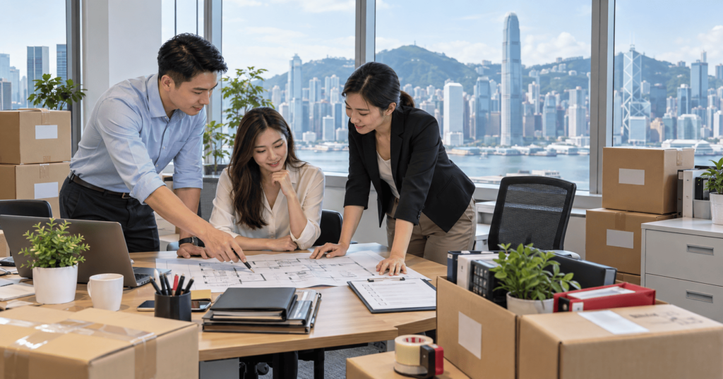 Team planning an office relocation with labelled boxes in Hong Kong