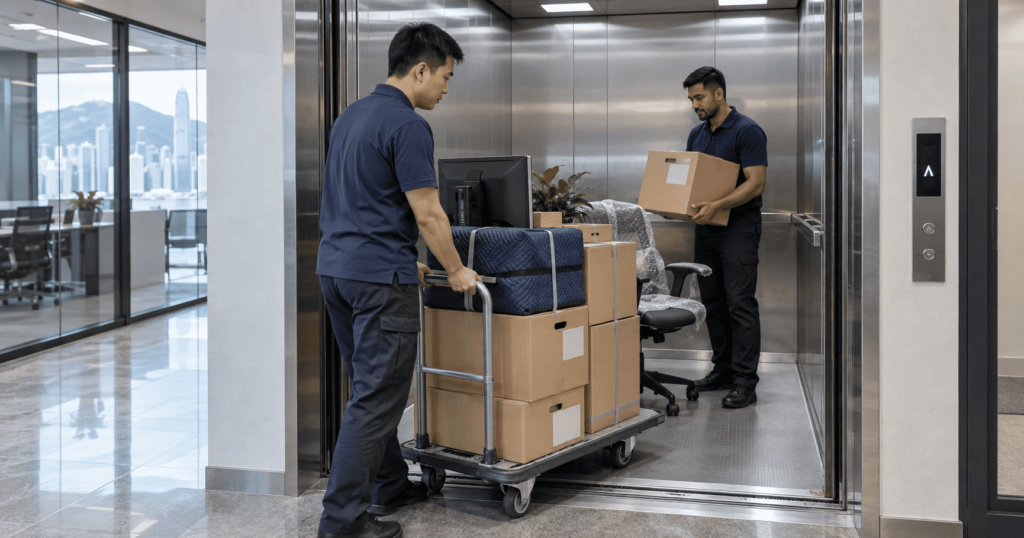 Professional movers handling office equipment during a Hong Kong office relocation