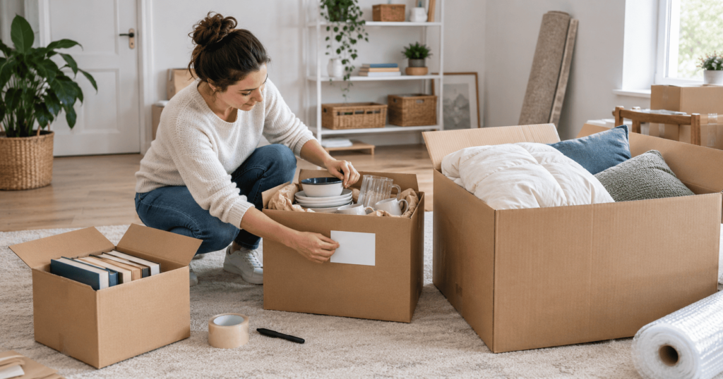 Small medium and large moving boxes packed for different household items