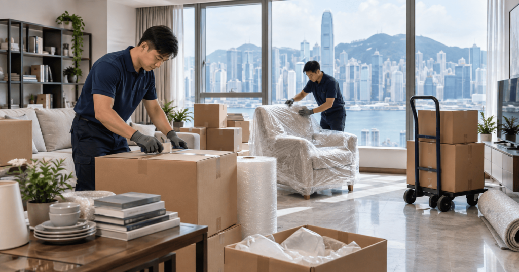 Professional house movers packing an apartment in Hong Kong
