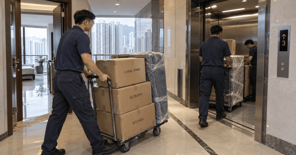  House movers handling a high-rise apartment move in Hong Kong