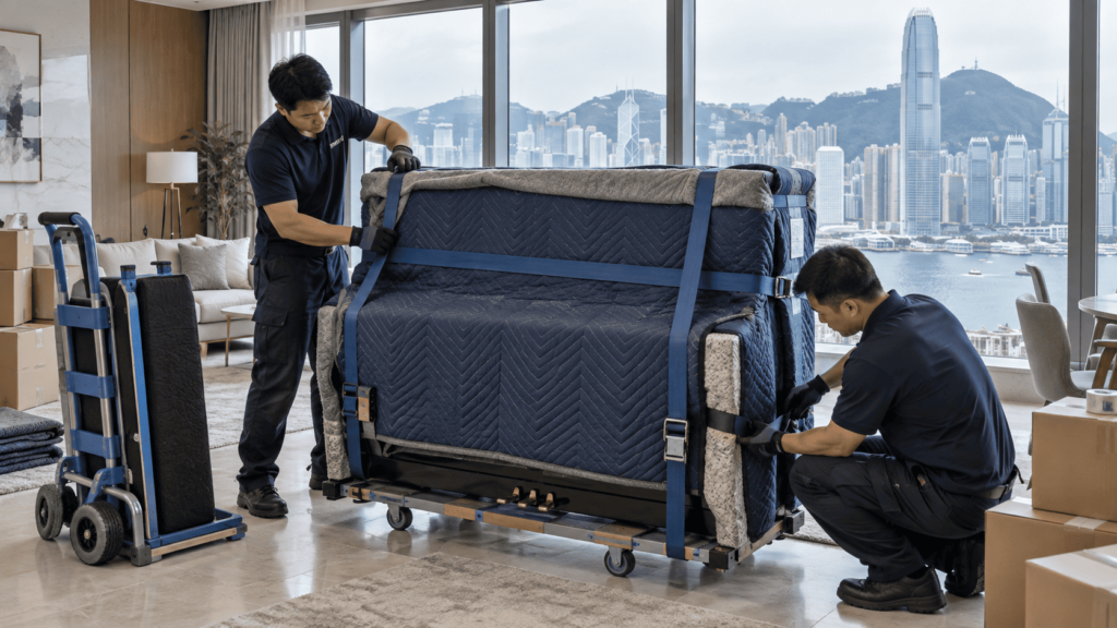 Professional piano movers packing an upright piano in Hong Kong
