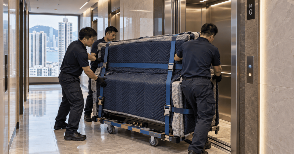 Piano movers transporting a piano through a Hong Kong high-rise building